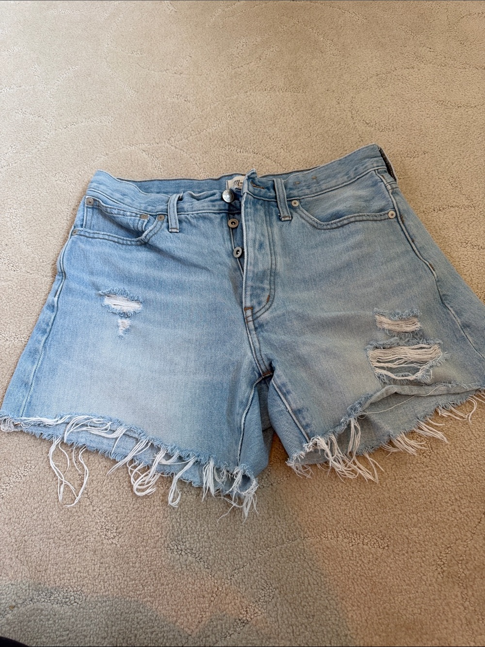 Madewell Light Blue Distressed relaxed mid length Denim Shorts